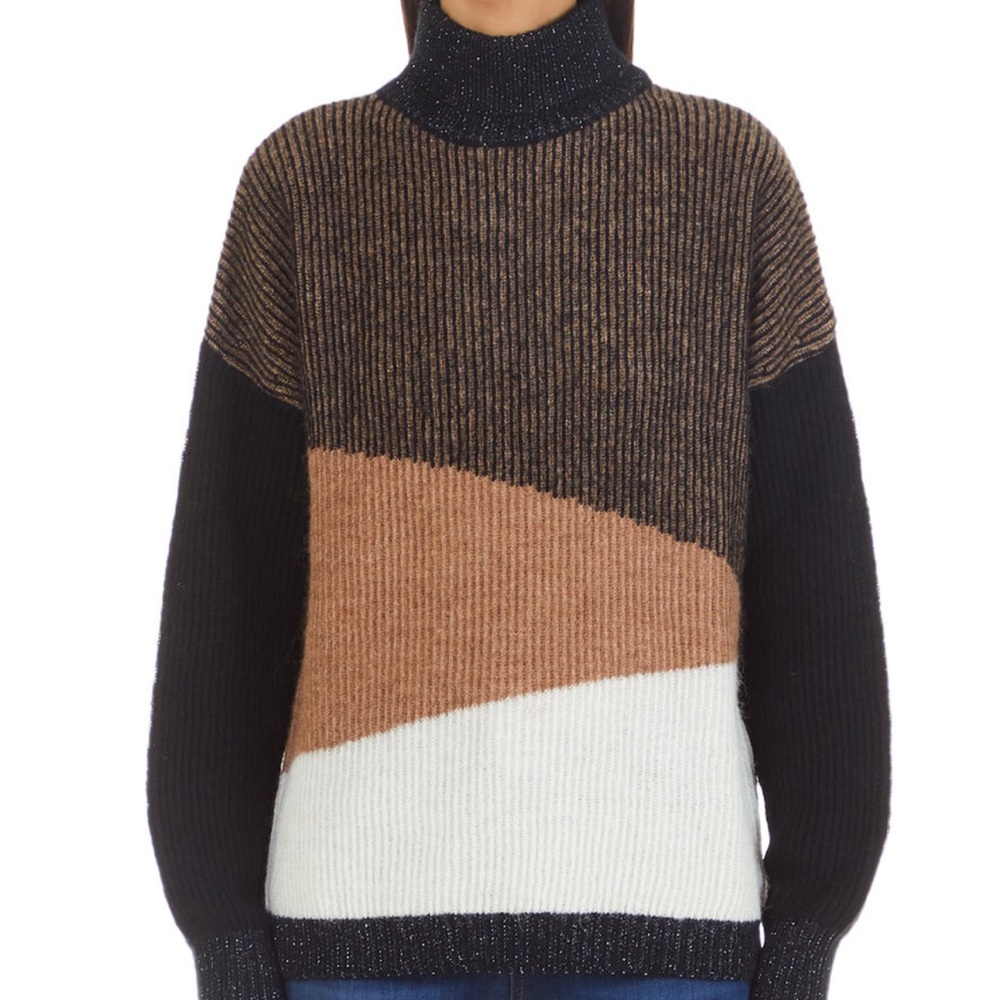 Liu Jo Alpaca Colorblock turtleneck sweater w cut out  black/ tan/ white Small